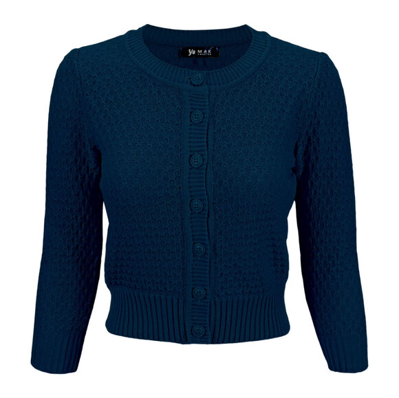 Yemak Sweaters - YEMAK Navy Blue Crochet Knit Cropped Cardigan 3/4 Sleeve Crewneck Vintage Style